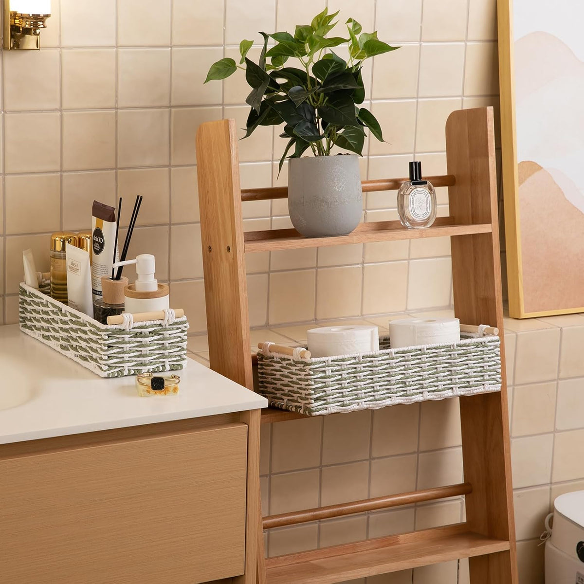 OIAHOMY Toilet Paper Baskets Handmade Paper Rope Decorative Wicker Storage Tank Shelf Cabinet