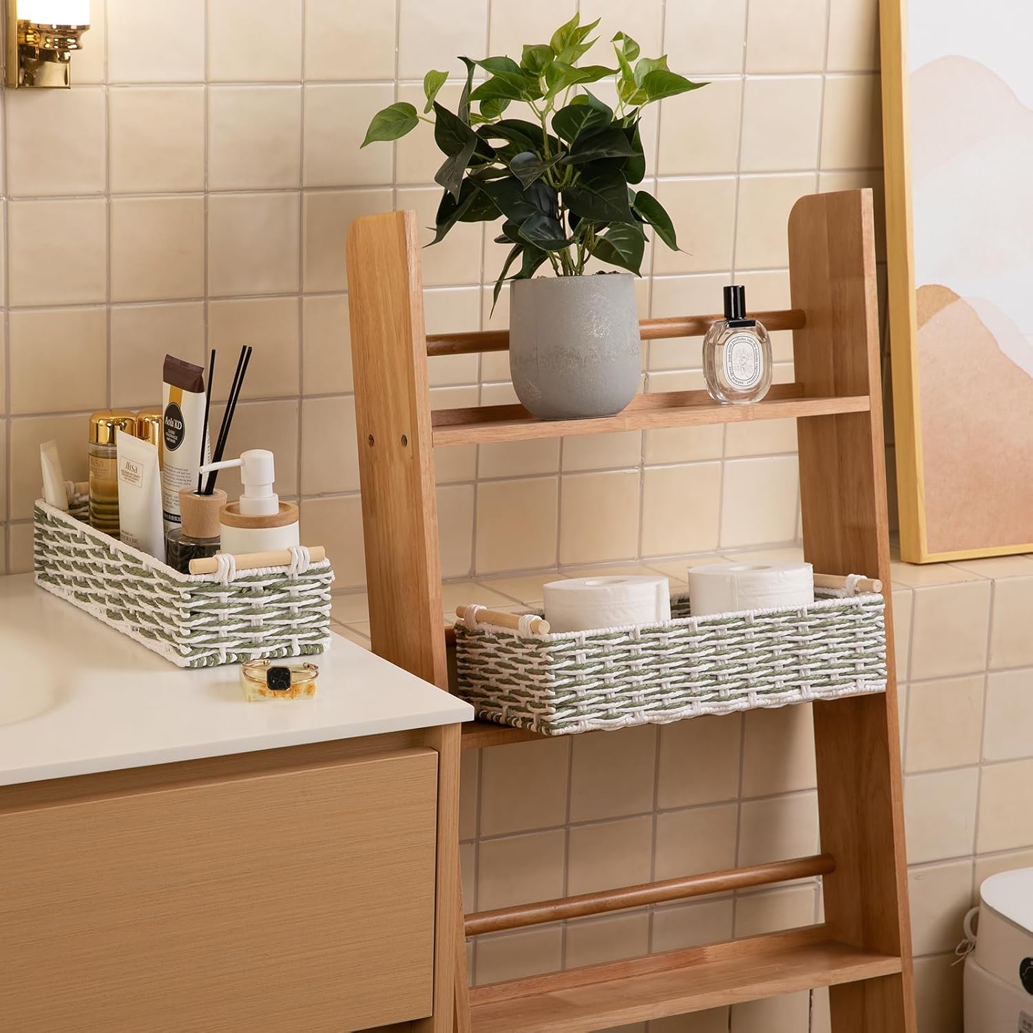 OIAHOMY Toilet Paper Baskets Handmade Paper Rope Decorative Wicker Storage Tank Shelf Cabinet