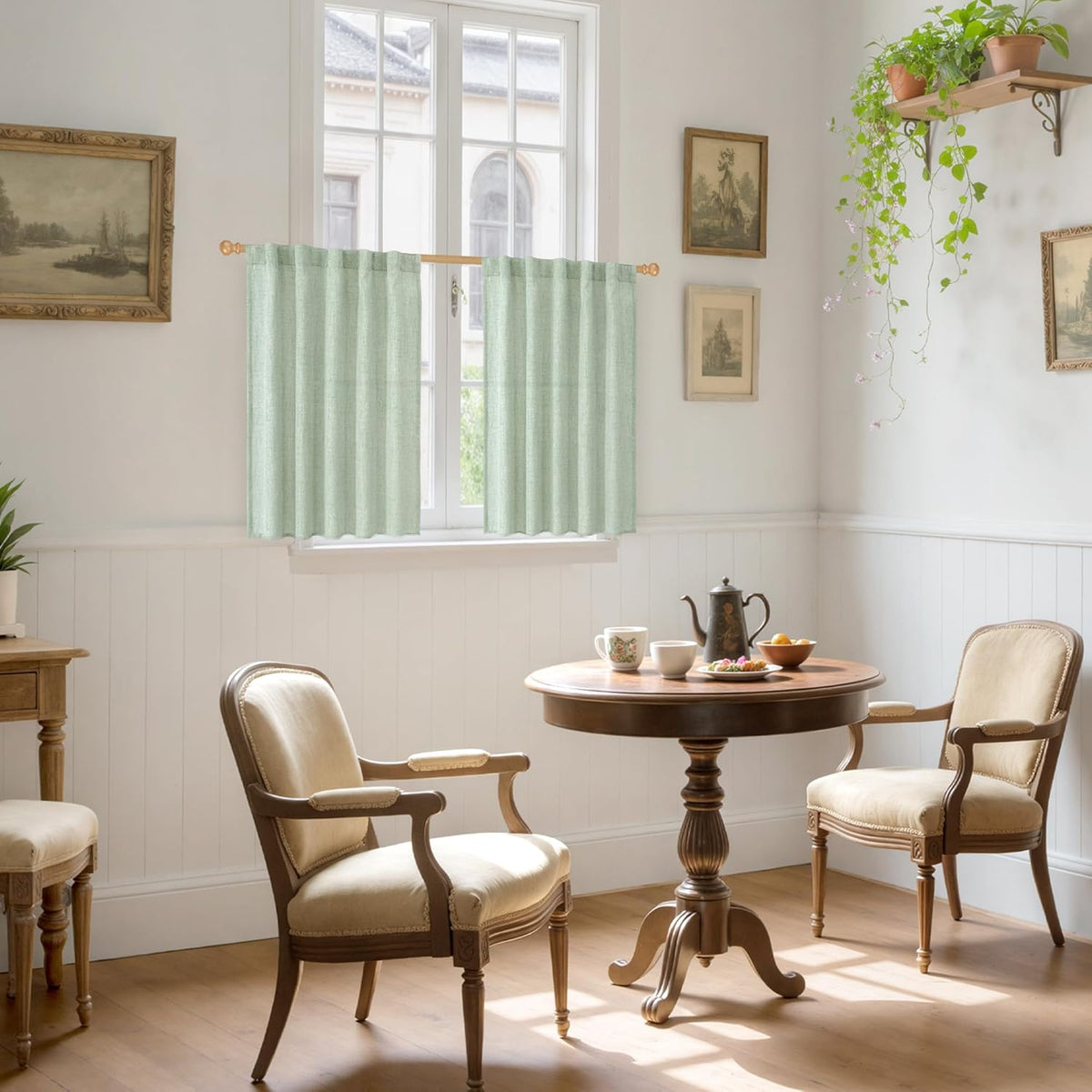 YoungsTex Sage Green Linen Cafe Curtains 36 Inch Length, Short Drapes Light Filtering with Rod