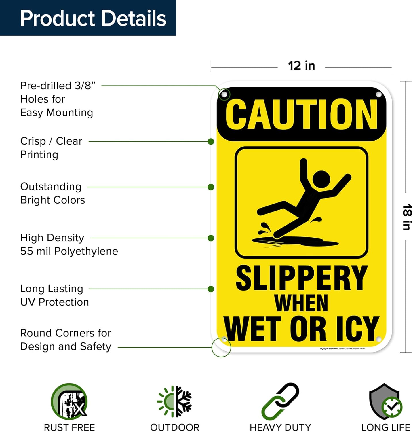 Caution Slippery When Wet Sign or ICY Sign, 12"x18" Polyethylene, Indoor/Outdoor Use, USA MADE By