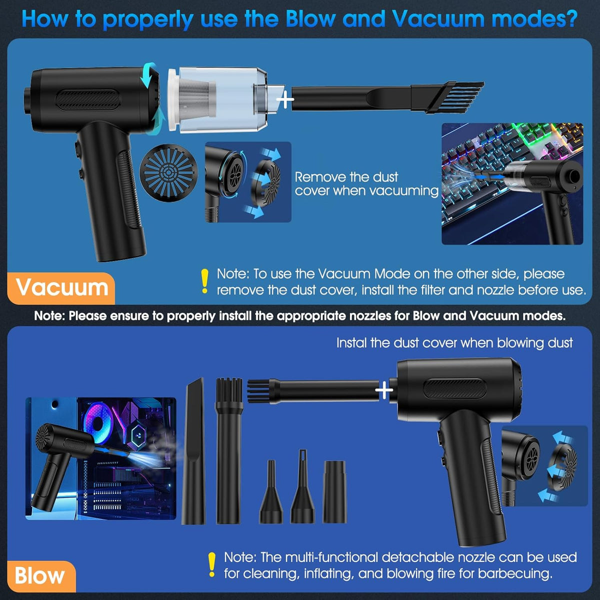 Compressed Air Duster, 100000RPM Handheld Car Vacuum/Air Blower& Pump, 3 Gear Adjustable Electric