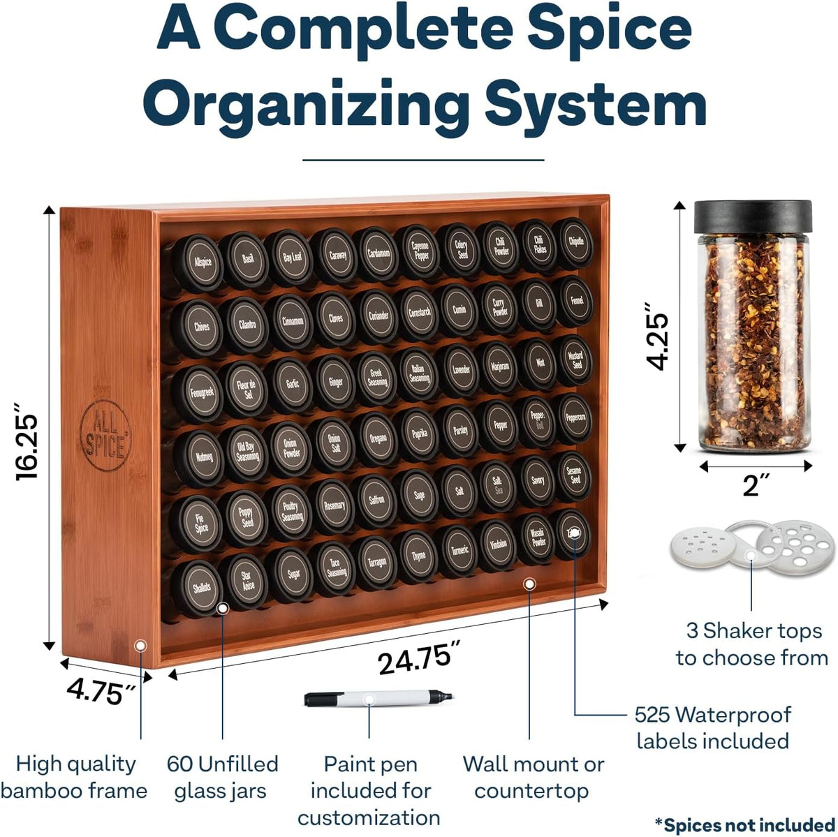 AllSpice Spice Rack Organizer, Wood, 525 Unique Labels, Countertop or Wall Mount, Includes 60 4oz