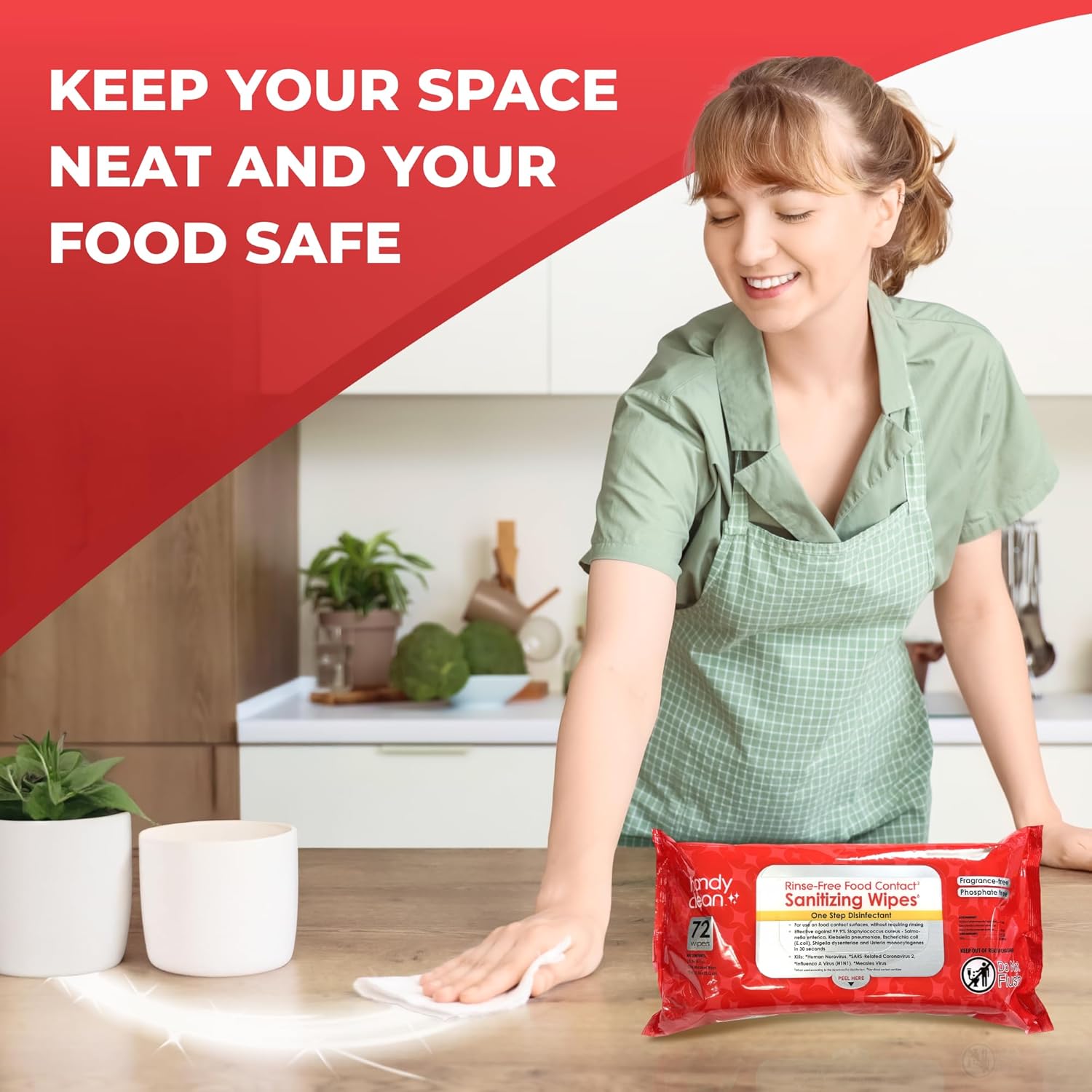 HandyClean Rinse-Free Food Contact Sanitizing Wipes Pouch, Multi Surface Cleaning Supplies for
