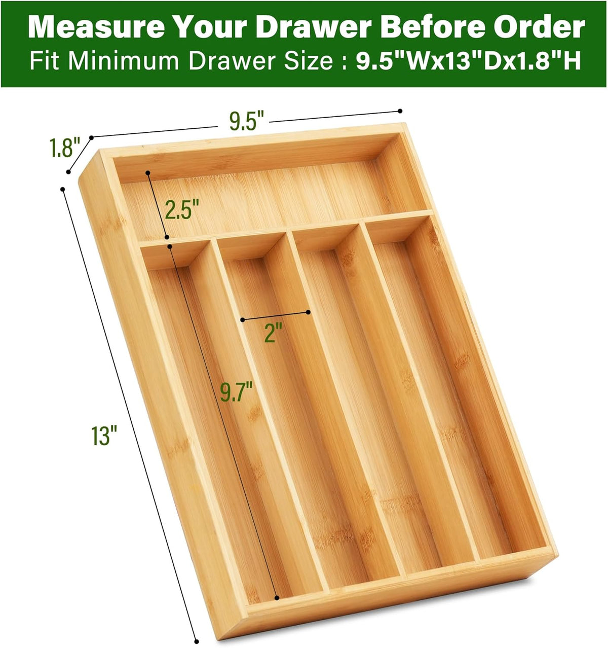 LotFancy Bamboo Kitchen Drawer Organizer, 9.5 Inch Silverware Tray for Small Drawer, Utensil