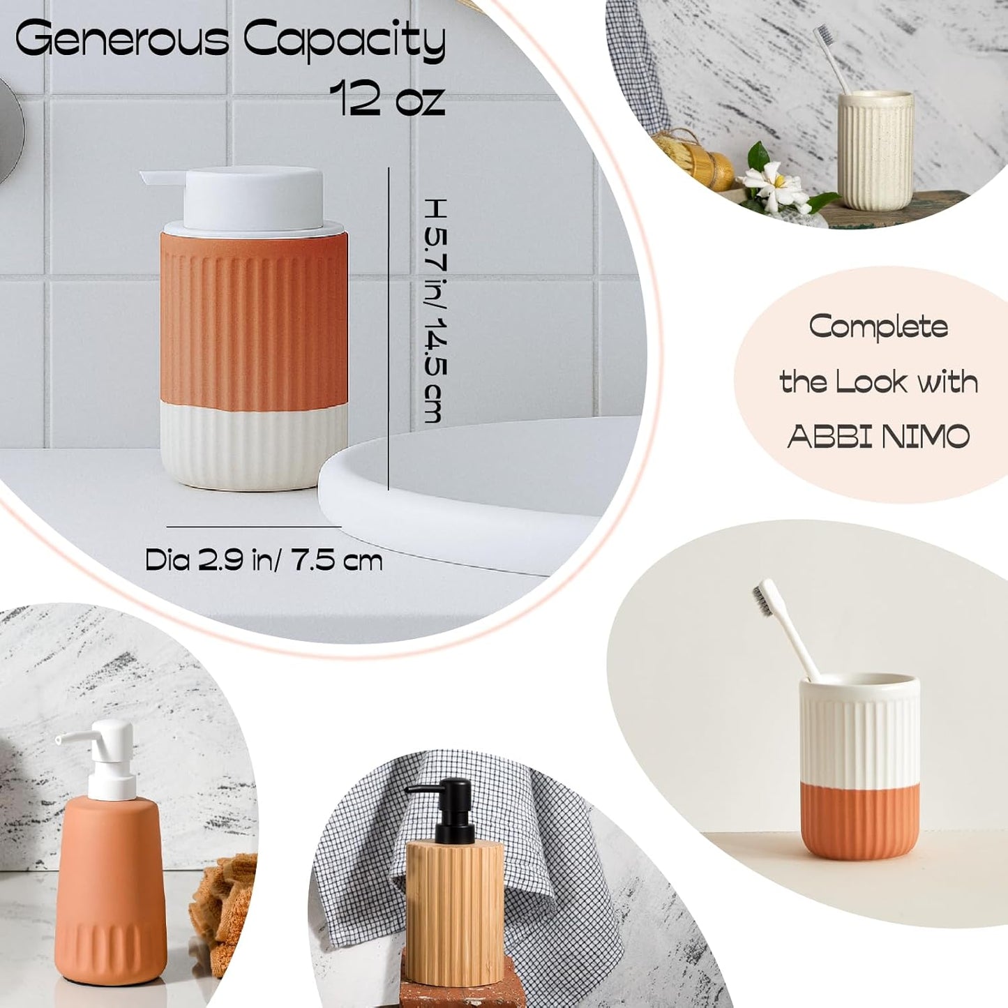 2 Pack Hand Dipped Terracotta Ceramic Foam Soap Dispenser, 12 oz Rippled Bubble-Up Bottle with