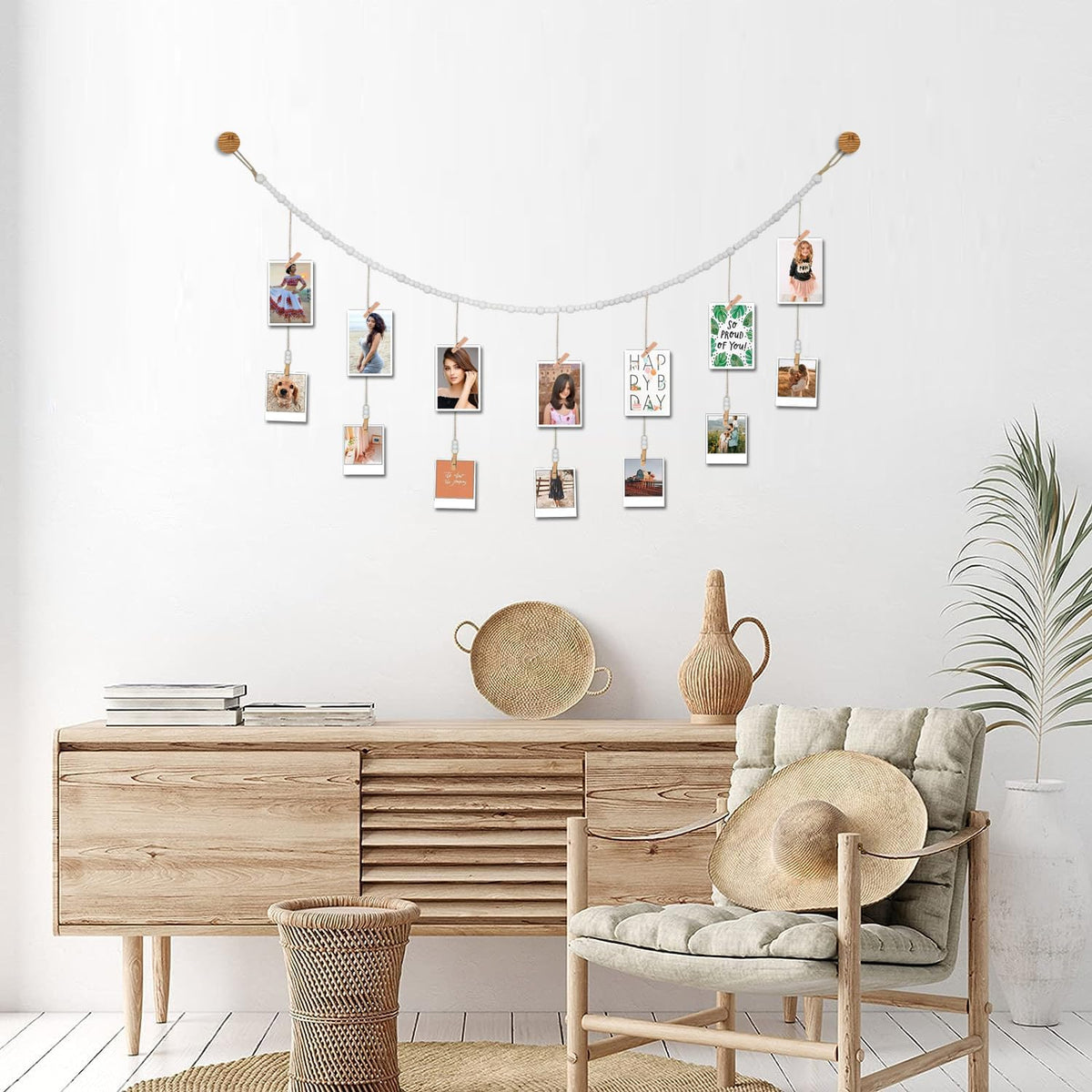 4 Feet Wooden Beads Garland with Clothespins Picture Cards Holder - Country Farmhouse Christmas
