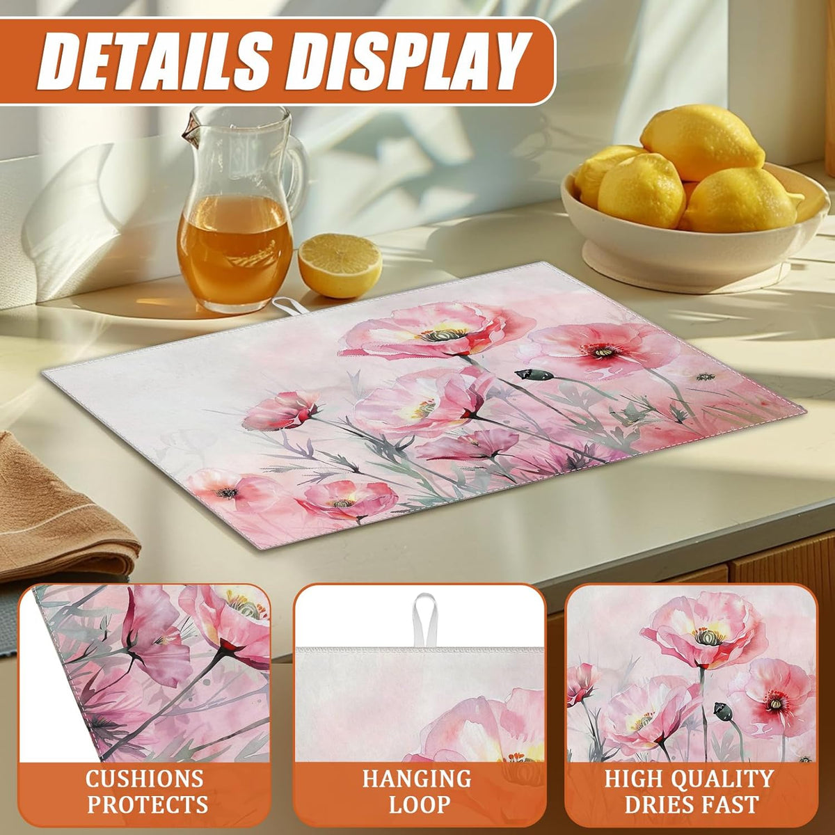 Pink Poppy Flower Dish Drying Mat for Kitchen Counter Microfiber Absorbent Dish Kitchen Drying Mat