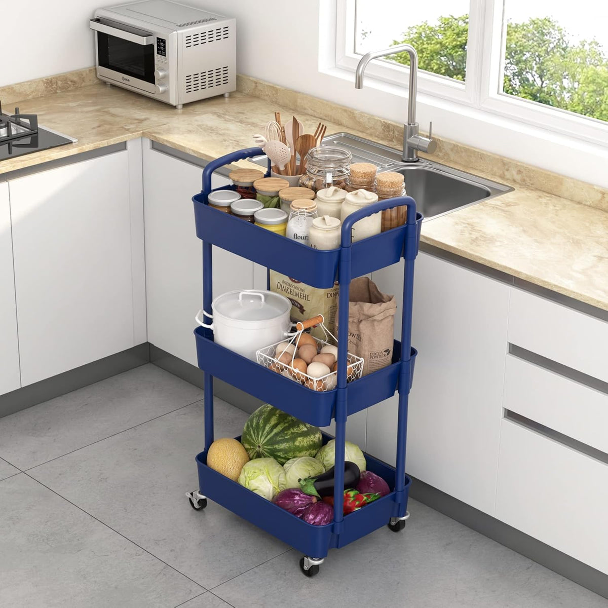 Sywhitta 3-Tier Plastic Rolling Utility Cart with Handle, Multi-Functional Storage Trolley for