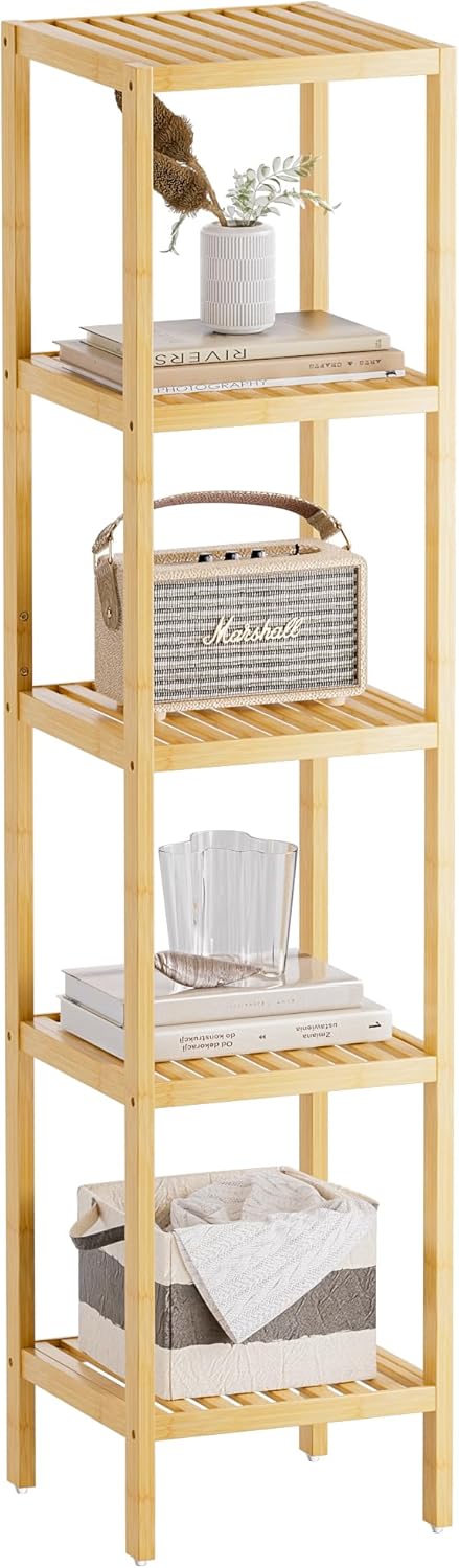 SMIBUY Bathroom Storage Shelf, 5-Tier Bamboo Rack Organizer, Multifunctional Shelving Unit for