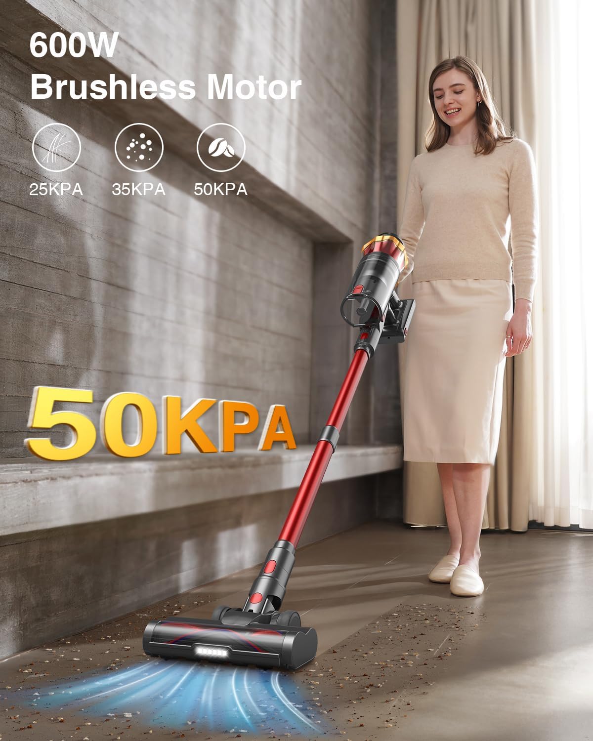 Cordless Vacuum Cleaner, 600W/50KPa/70Mins Vacuum Cleaners for Home, Self-Standing Stick Vacuum