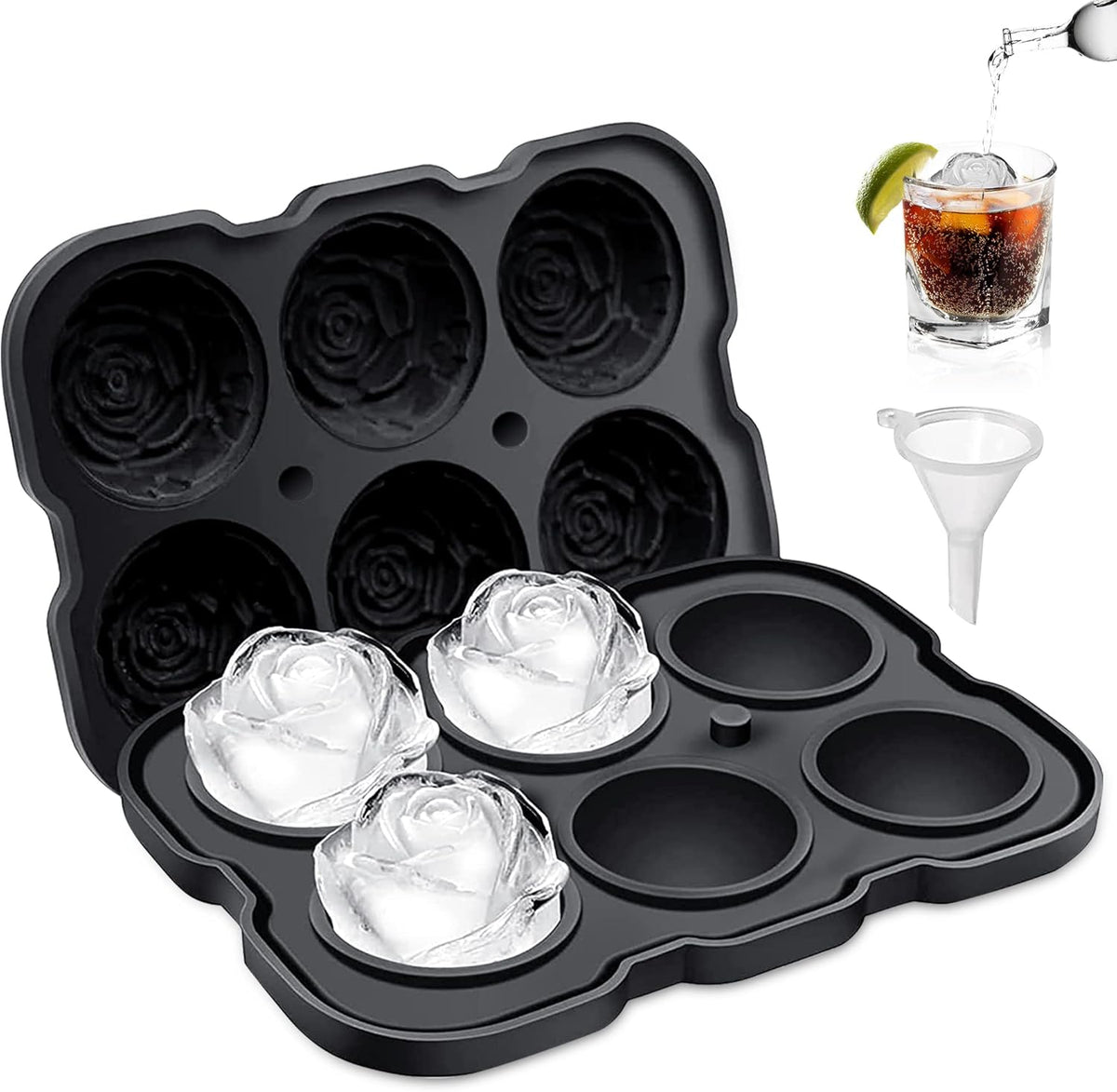 Rose Ice Cube Tray,ZACHDEE 2" Flower Silicone Ice Cube Tray With Covers,6 Easy Release Large Ice