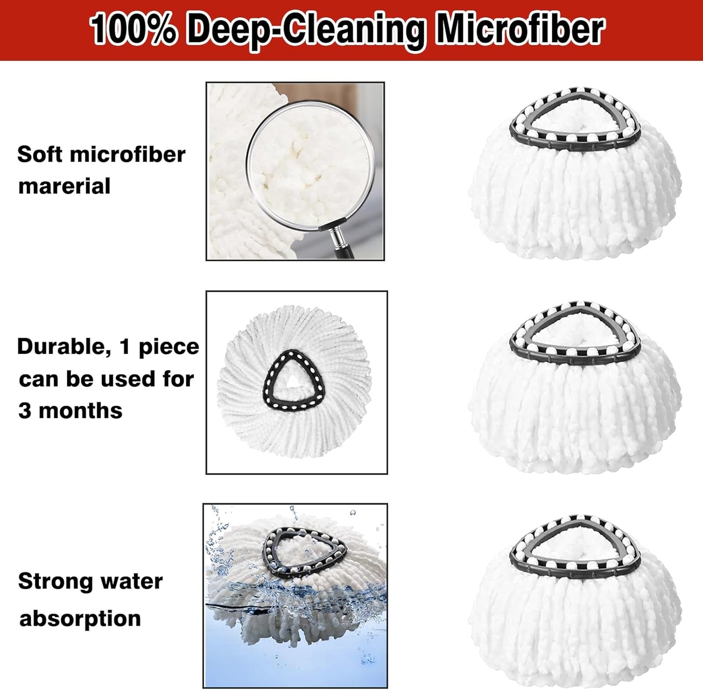 3 Pack White Spin Mop Replacement Heads, Mop Head Replacement 100% Microfiber, Deep Cleaning, Spin