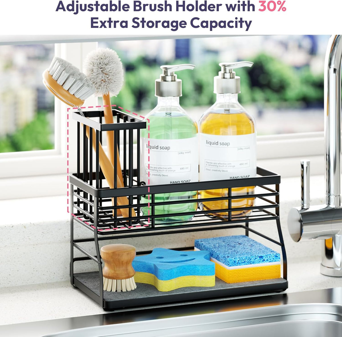 SWTYMIKI Sponge Holder for Kitchen Sink - 2 Tier Rustproof Sink Caddy with Instant Drying Stone