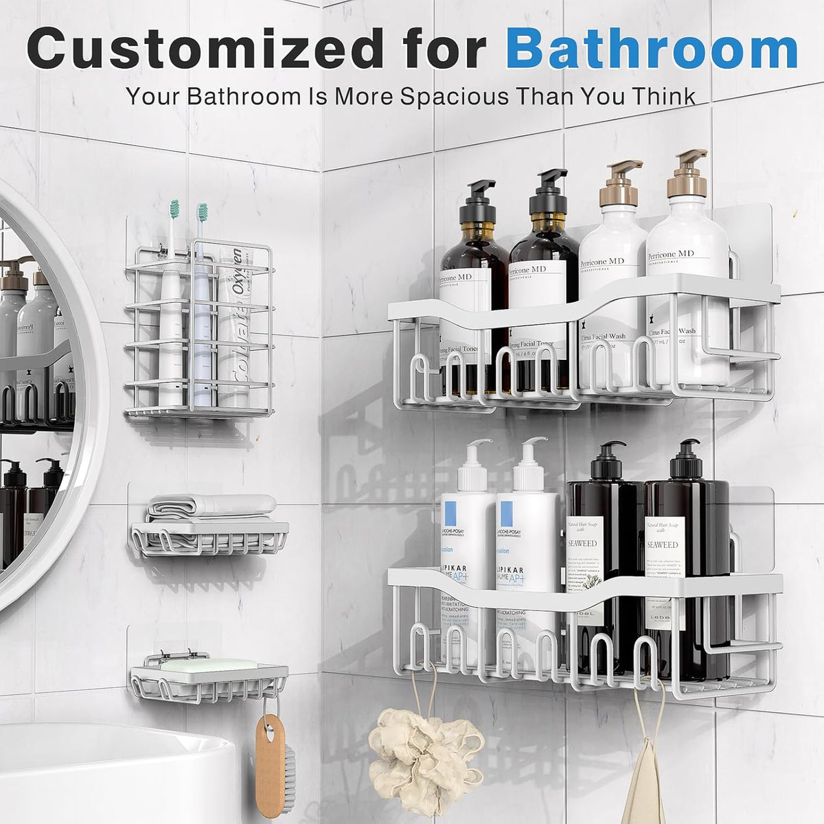 EUDELE 5-Pack Rustproof Stainless Steel Shower Caddy – No Drill Adhesive Bathroom Organizer with