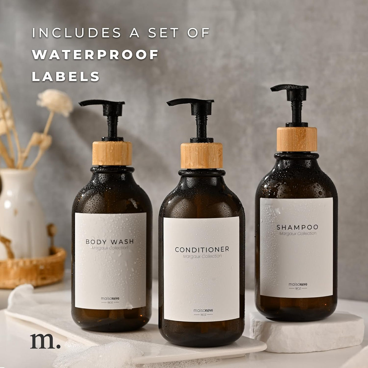 MaisoNovo Refillable Shampoo and Conditioner Bottles | 16.9 fl oz Set of 3 Amber Plastic Bottles