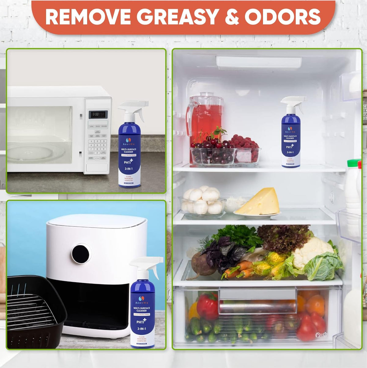 Natural Multi-Surface Cleaner is an unscented spray that degreases, deodorizes, work on air fryer