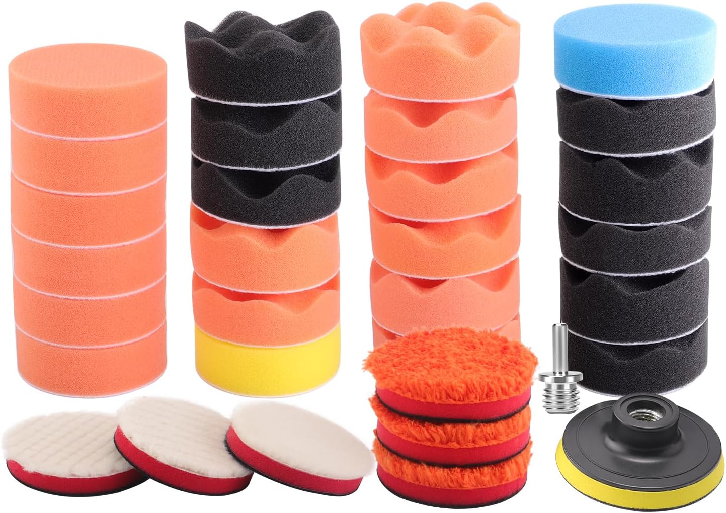 Drill Polishing Kit for Car, 3''(80mm) 32Pcs Car Foam Buffing Pads, Wool Pads Drill Buffing Pad