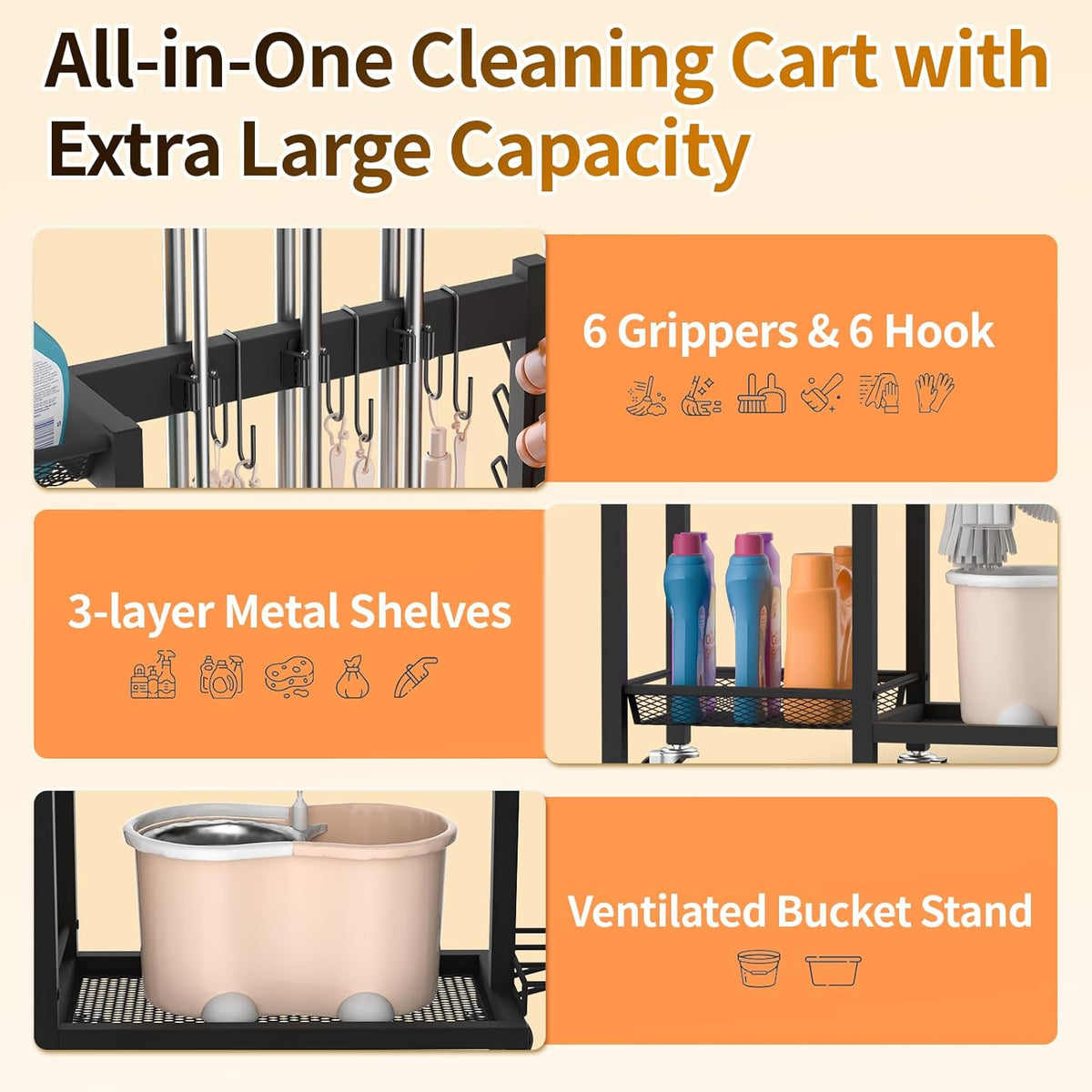 Cleaning Supplies Organizer with Broom Holder Load 350 LBS Cleaning Cart with Wheels Broom Closet