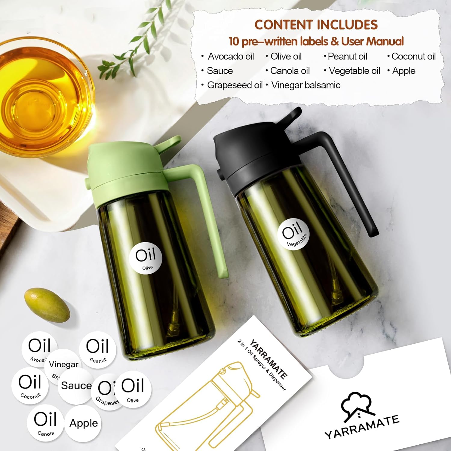 YARRAMATE 16oz/470ml Light Blocking Oil Sprayer for Cooking with Stickers, Food-Grade 2 in 1 Olive