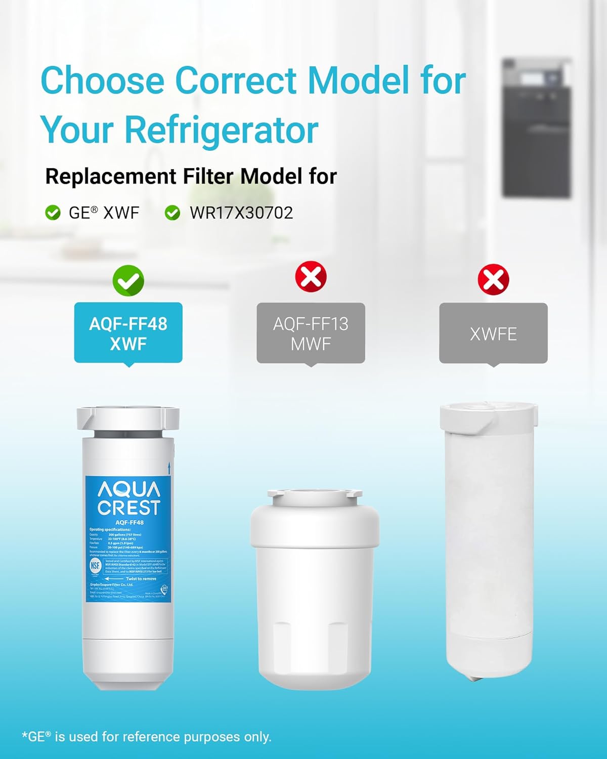 AQUA CREST XWF Replacement for GE® XWF, NSF Certified Refrigerator Water Filter, 3 Filters (Not