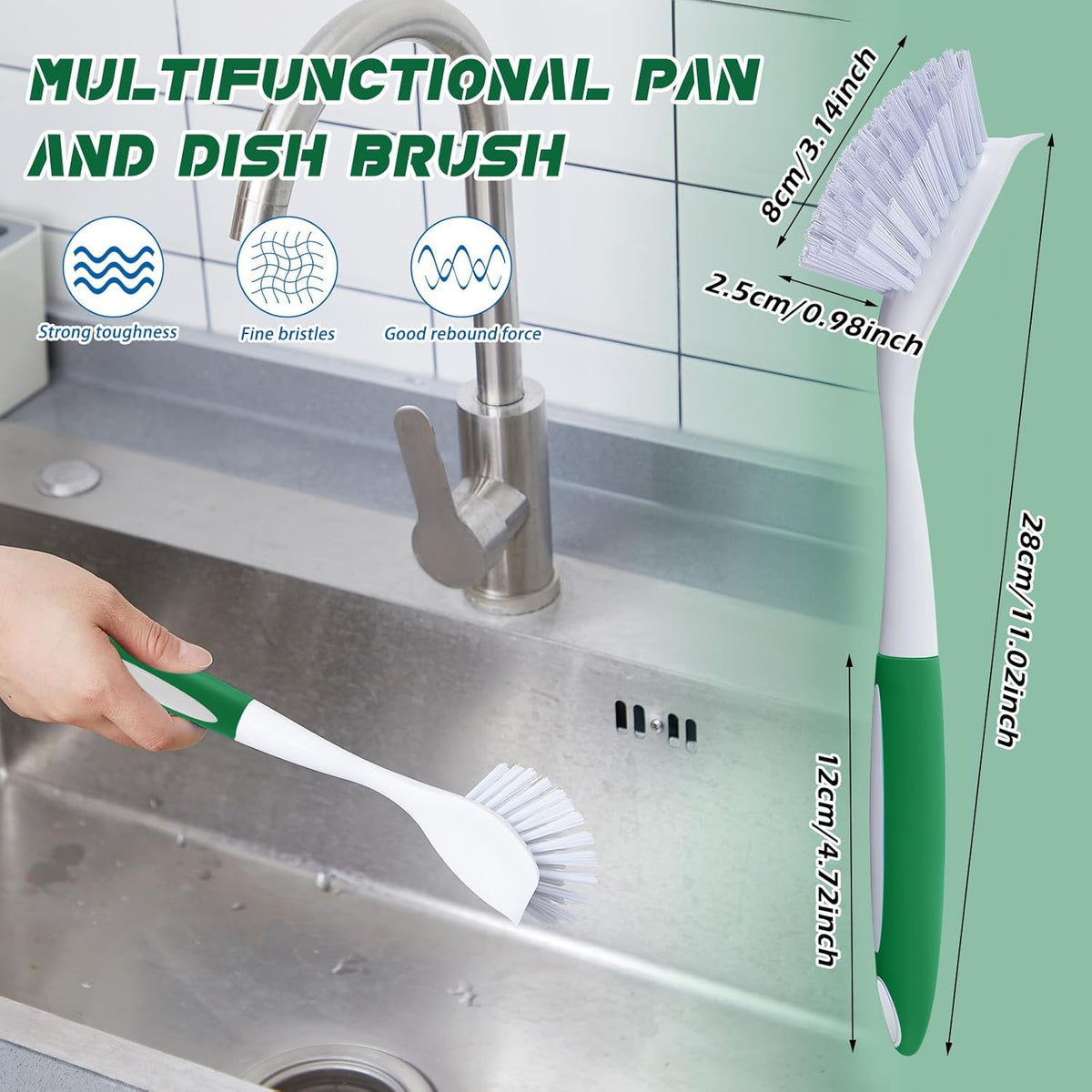 Hsei 20 Pcs Green Kitchen Scrub Dish Brush Bulk with 11 Inch Anti Slip Handle Cleaning Dish