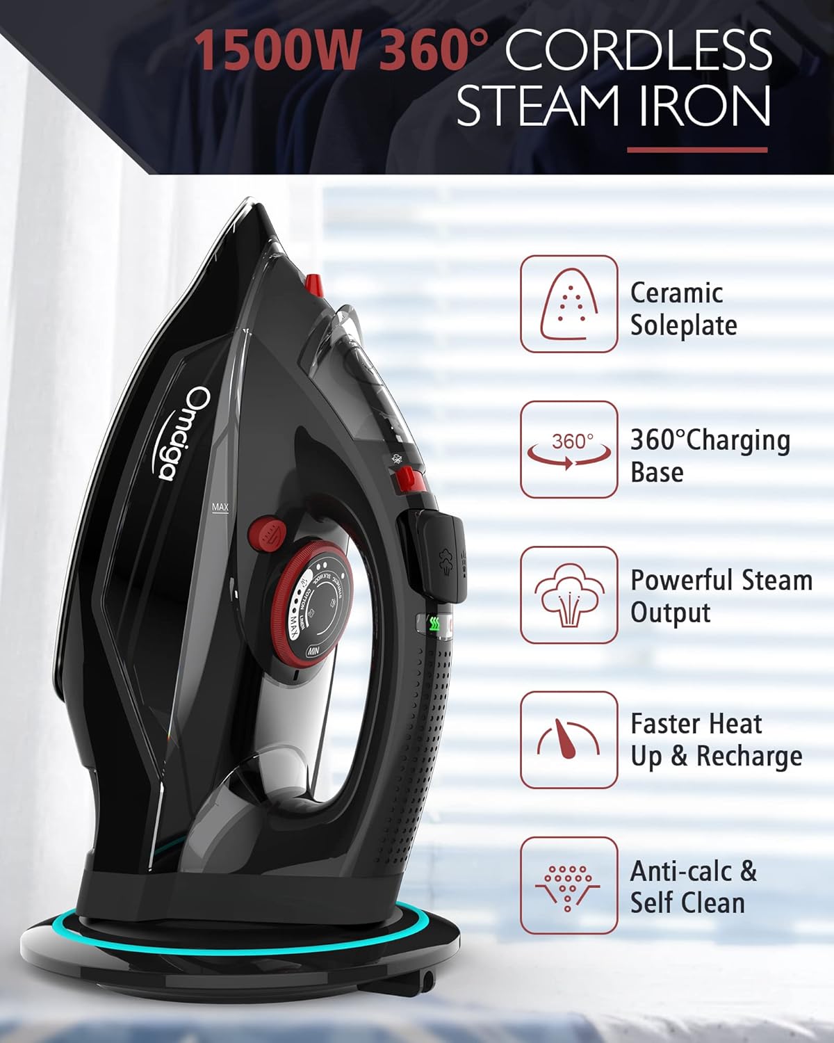 Cordless Iron for Clothes, 1500W Steam Iron Rapid Heating, Non-Stick Ceramic Soleplate, Auto Shut