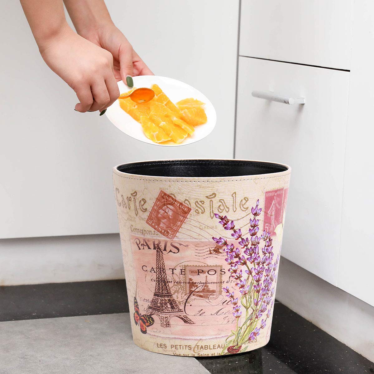 PU Leather Small Trash Can Wastebasket, Round Garbage Container Basket for Bathrooms, Laundry Room