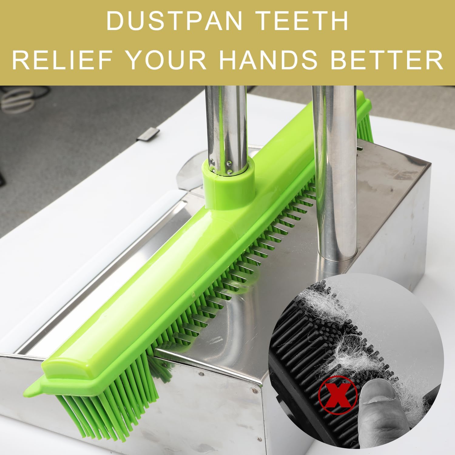 Rubber Broom and Dustpan Set,Pet Hair Removal Rubber Broom with Squeegee and Stainless Steel Dust