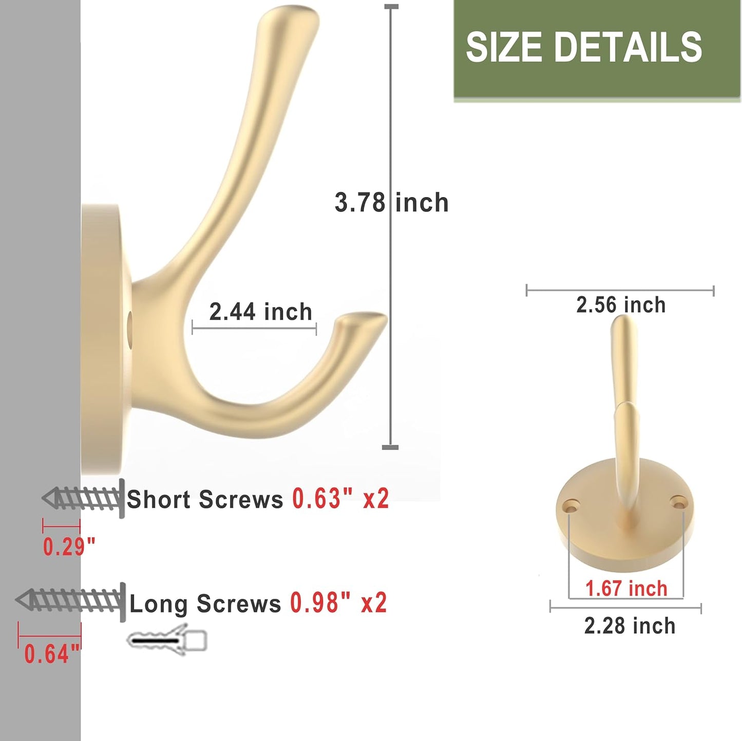 Gold Coat Hooks for Wall, 2 Pack Heavy Duty Towel Robe Hooks, Hats Hooks for Entryway Cubicle
