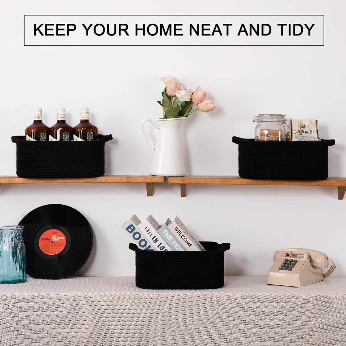 OIAHOMY Cotton Rope Woven Baskets for Storage, Nursery Rectangle Storage Basket with Handles for