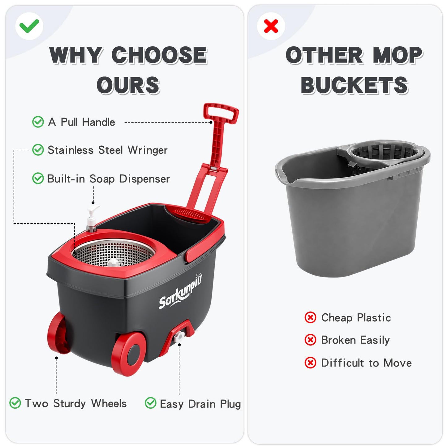 Sarkunpio Spin Mop and Bucket Set with 6 Microfiber Heads, Dark Grey