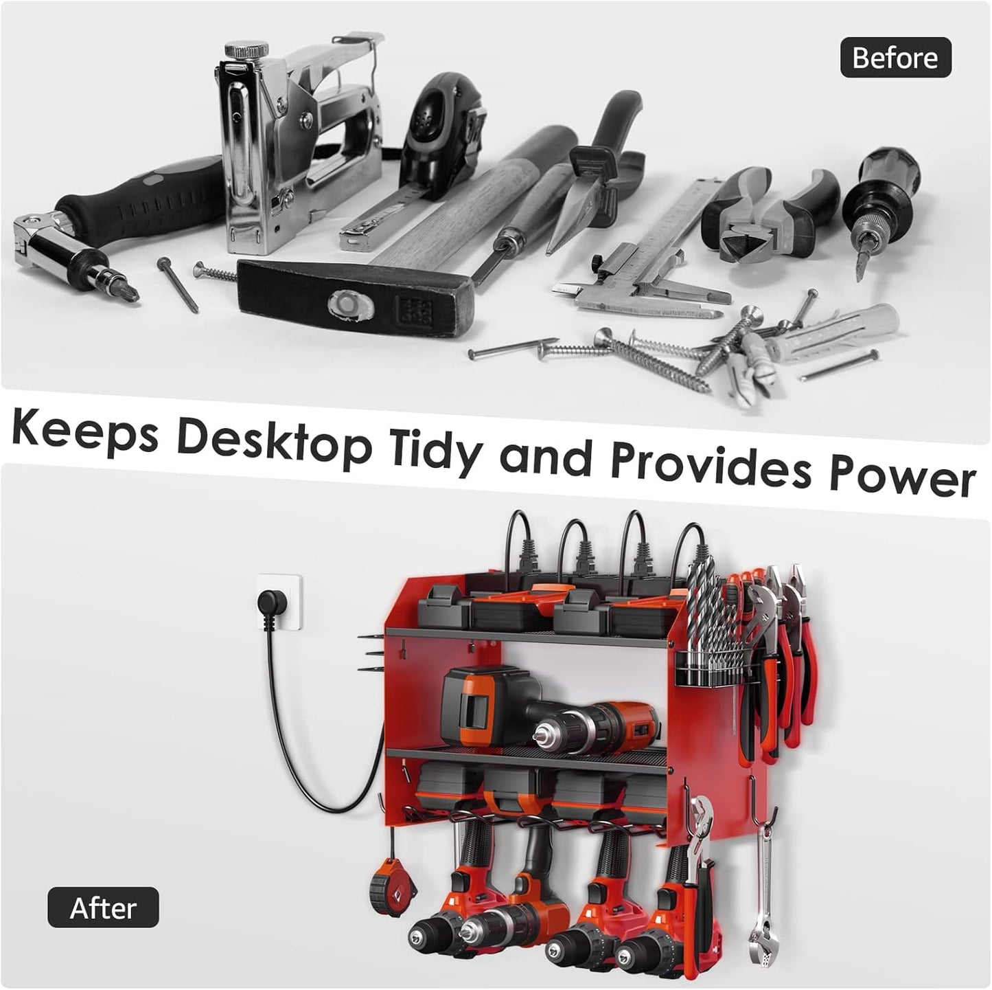 CCCEI Modular Power Tool Organizer Wall Mount with Charging Station. Garage 4 Drill Storage Shelf