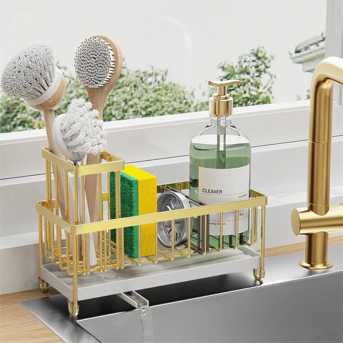 Cisily Gold Sponge Holder for Kitchen Sink, Sink Caddy Organizer with High Brush Holder, Kitchen