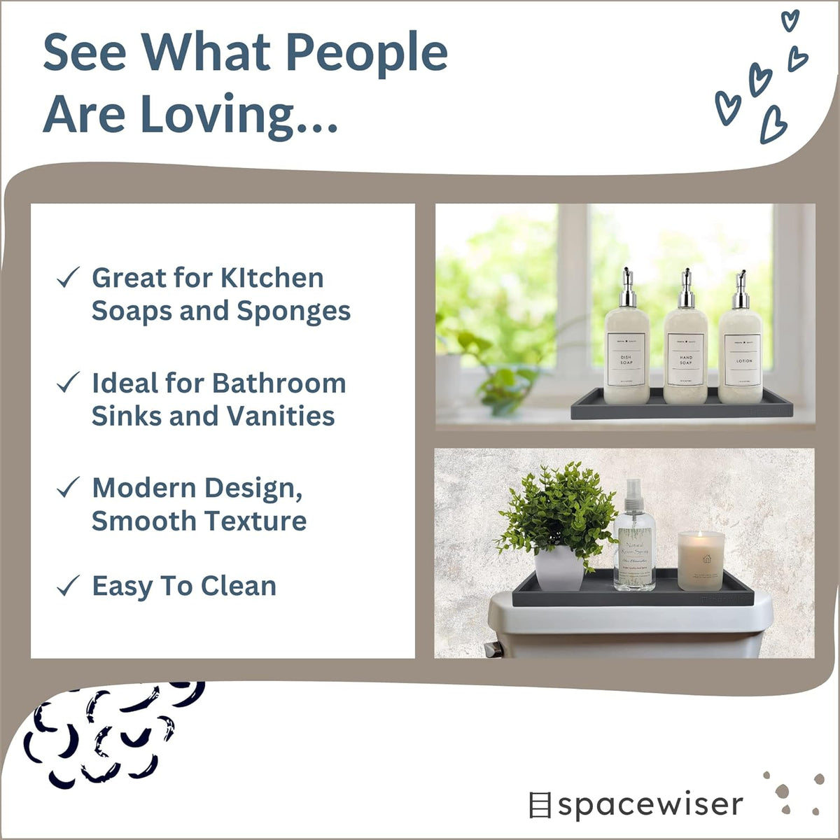 Countertop and Vanity Tray - 2 PC Large 11.7" Silicone Bathroom Trays, Counter Organizer, Dish Soap