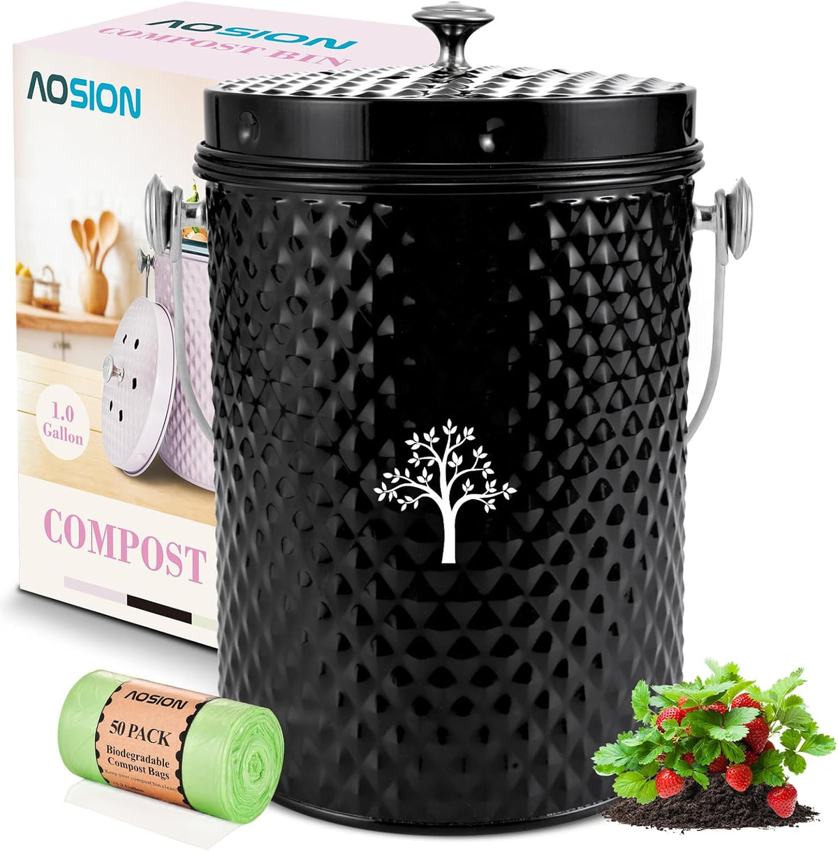 AOSION Countertop Compost Bin Kitchen，Odorless Indoor Compost Bin with Lid and Compost Bags,Compost