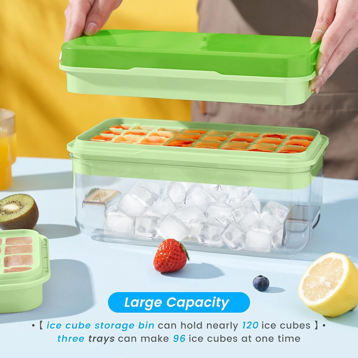 PHINOX Ice Cube Tray with Lid and Bin, 3 Pack Plastic Ice Cube Tray Molds, 96(4 * 8 * 3) pcs Ice