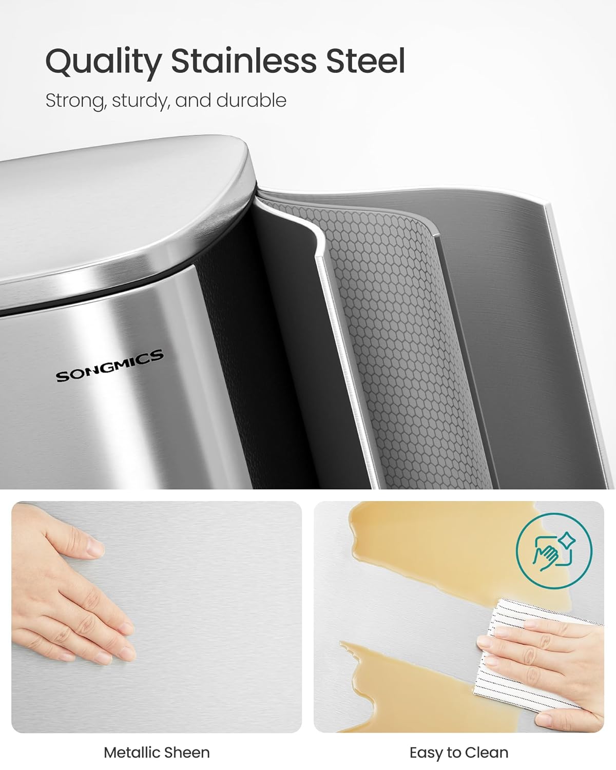 SONGMICS 13 Gallon (50 L) Trash Can, Stainless Steel Kitchen Garbage Can, Recycling or Waste Bin