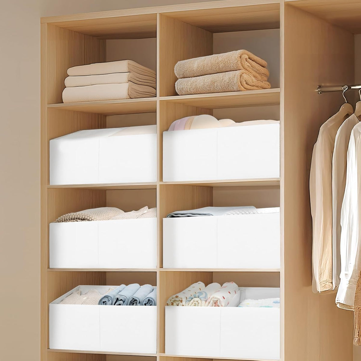 DIMJ Large Closet Shelf Organizer Bins 4 Packs with Handles and Divider, Fabric Trapezoid Storage