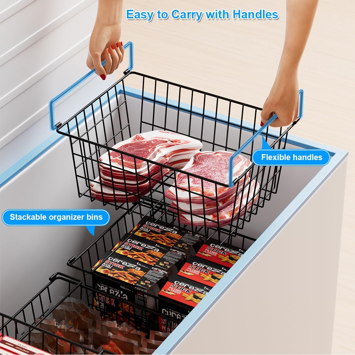 Freezer Organizer Bins, Large Capacity Stackable Baskets for Deep Chest Freezer Easy Get and Sort