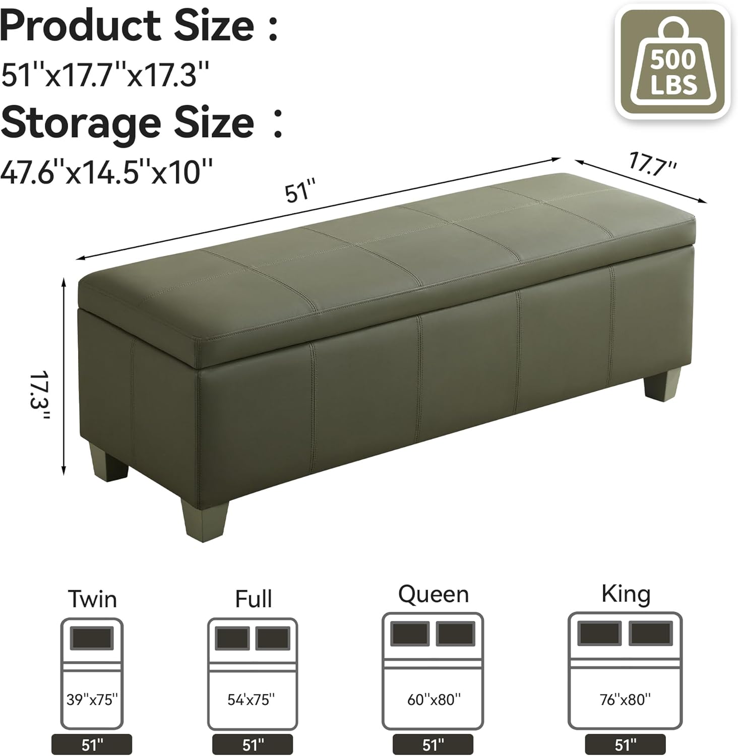 51" Faux Leather Storage Ottoman, Stitch Tufted Rectangle Upholstered End of Bed Storage Bench