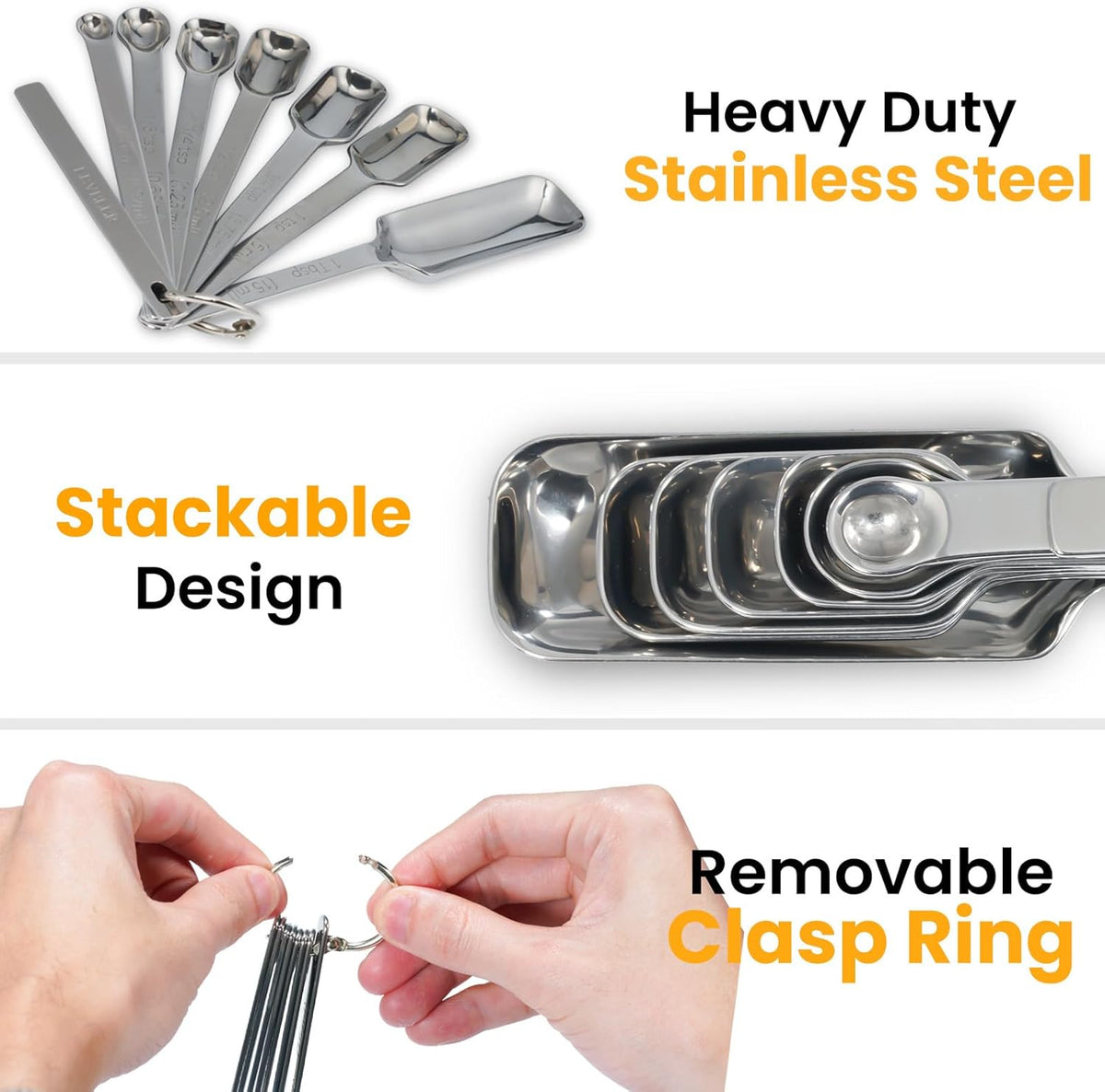 Stainless Steel Measuring Spoons Set of 8, Rectangular Metal Measuring Spoons with Leveler, Compact