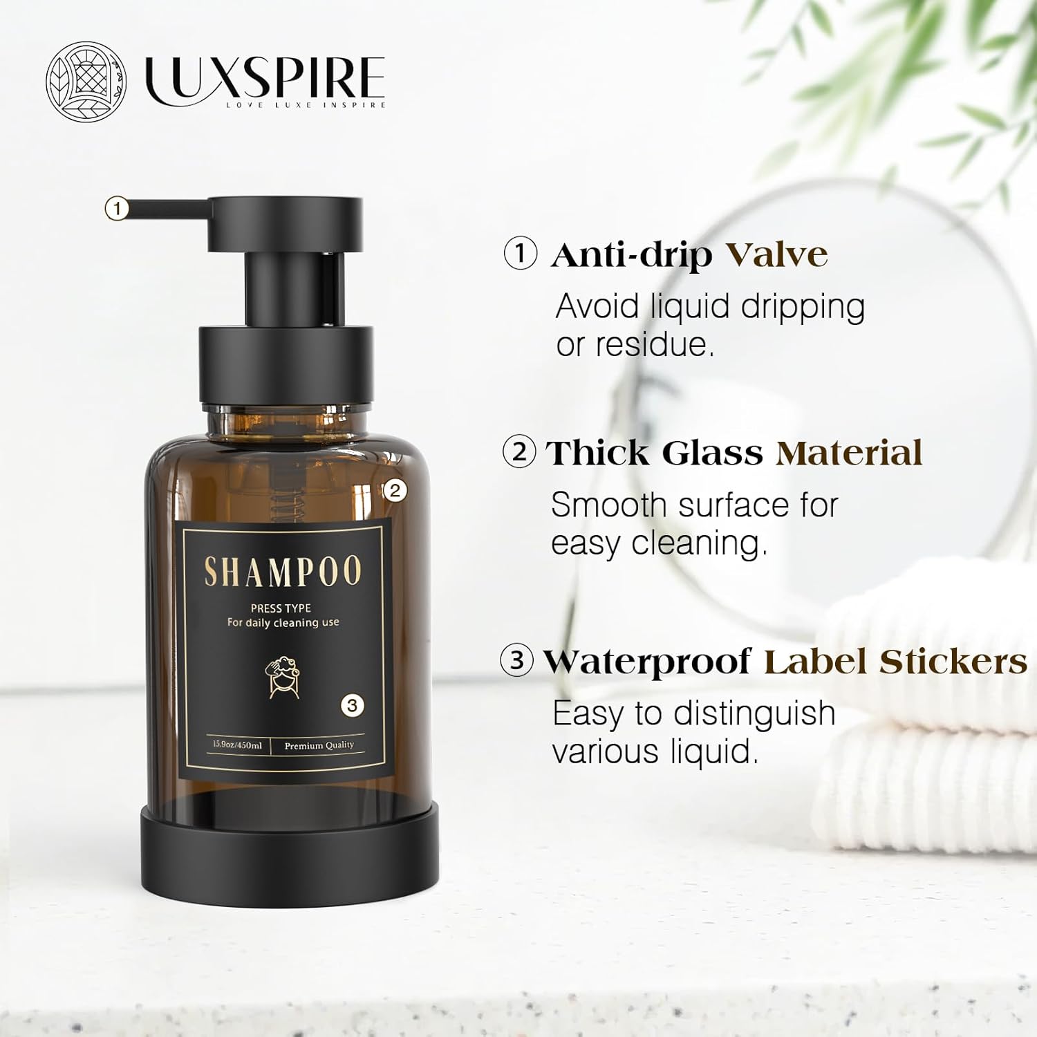 Luxspire Foaming Soap Dispenser, Glass Foam Pump Soap Dispenser, Non-Slip Hand Soap Bottle with 5