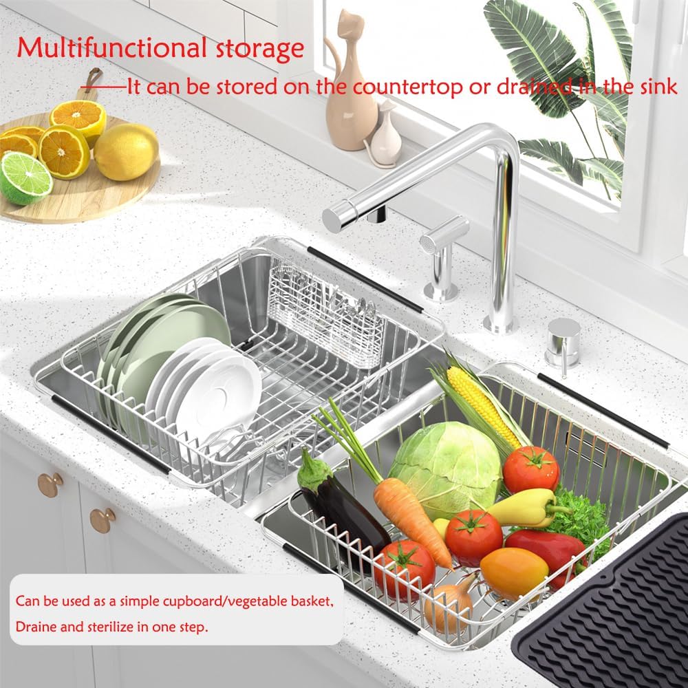 Stainless Steel Dish Drying Rack(15.2"L X 13"W X 5.8"H), Expandable Fruit & Vegetable Drain Rack