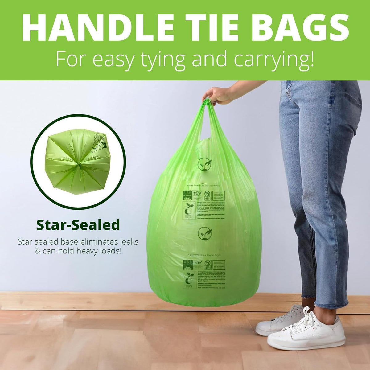 13 Gallon Compostable Trash Bags with Handle-Tie, Thick 0.87 Mil, 49.21 Liter, 30 Bags, Tall