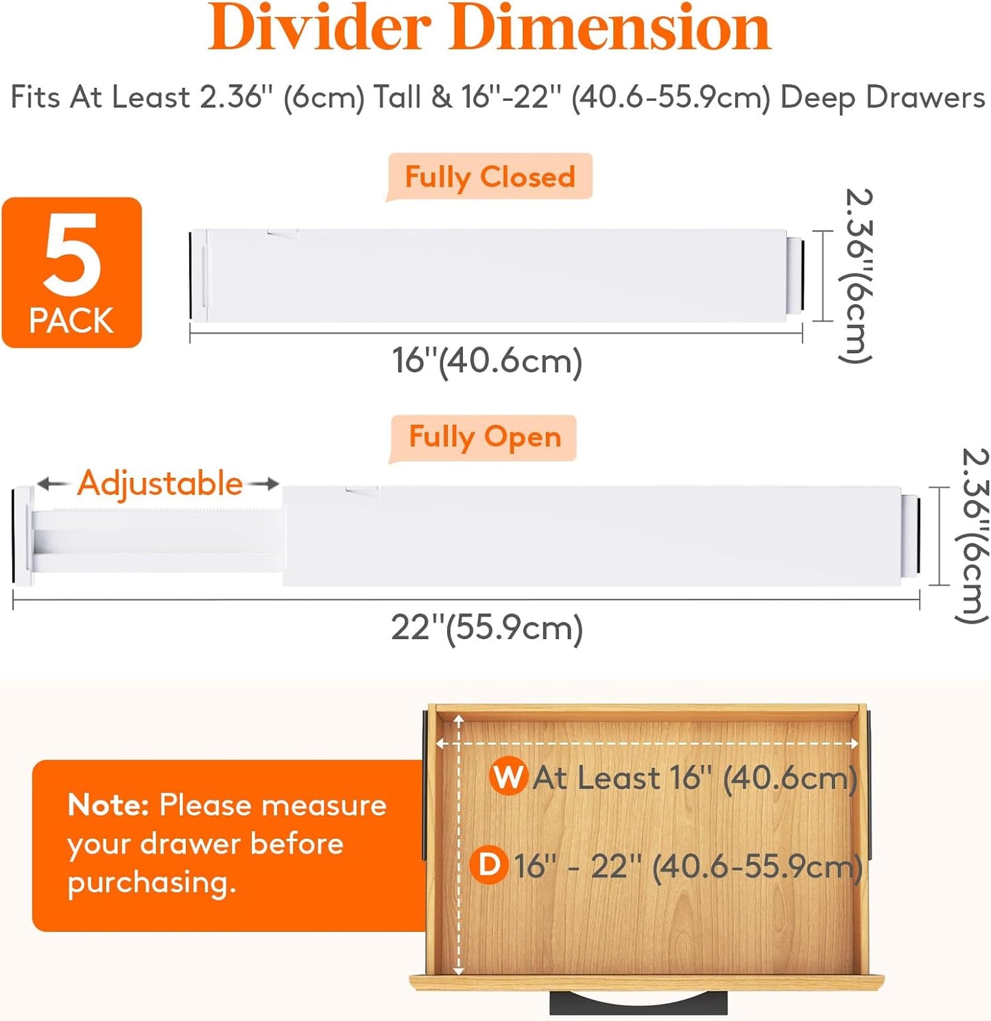 Lifewit 5 Pack Kitchen Drawer Dividers 2.36" High, 16"-22" Adjustable Drawer Organizer for
