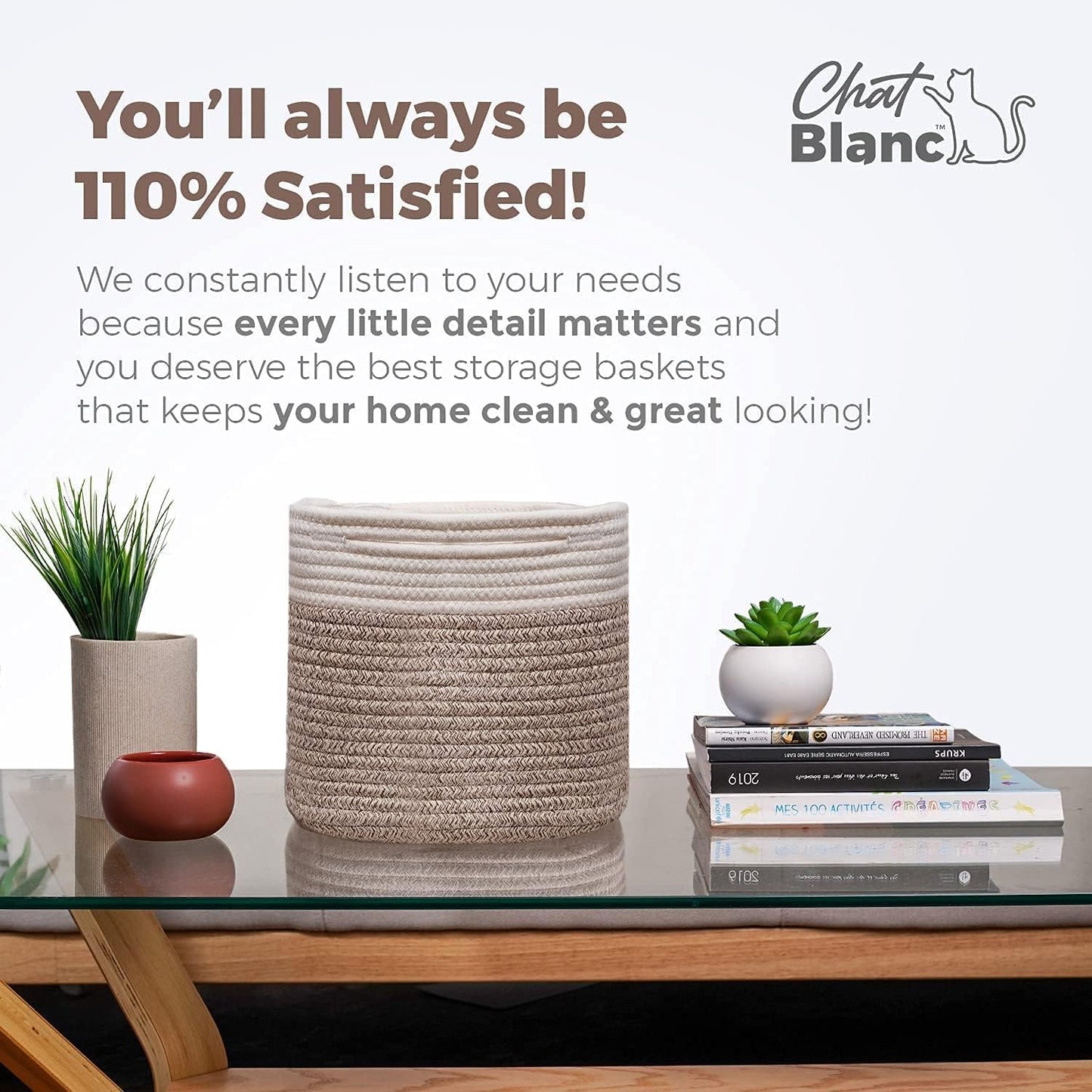 CHAT BLANC Cotton Rope Baskets for Organizing | 15”x10”x9” Storage Baskets for Shelves | Small