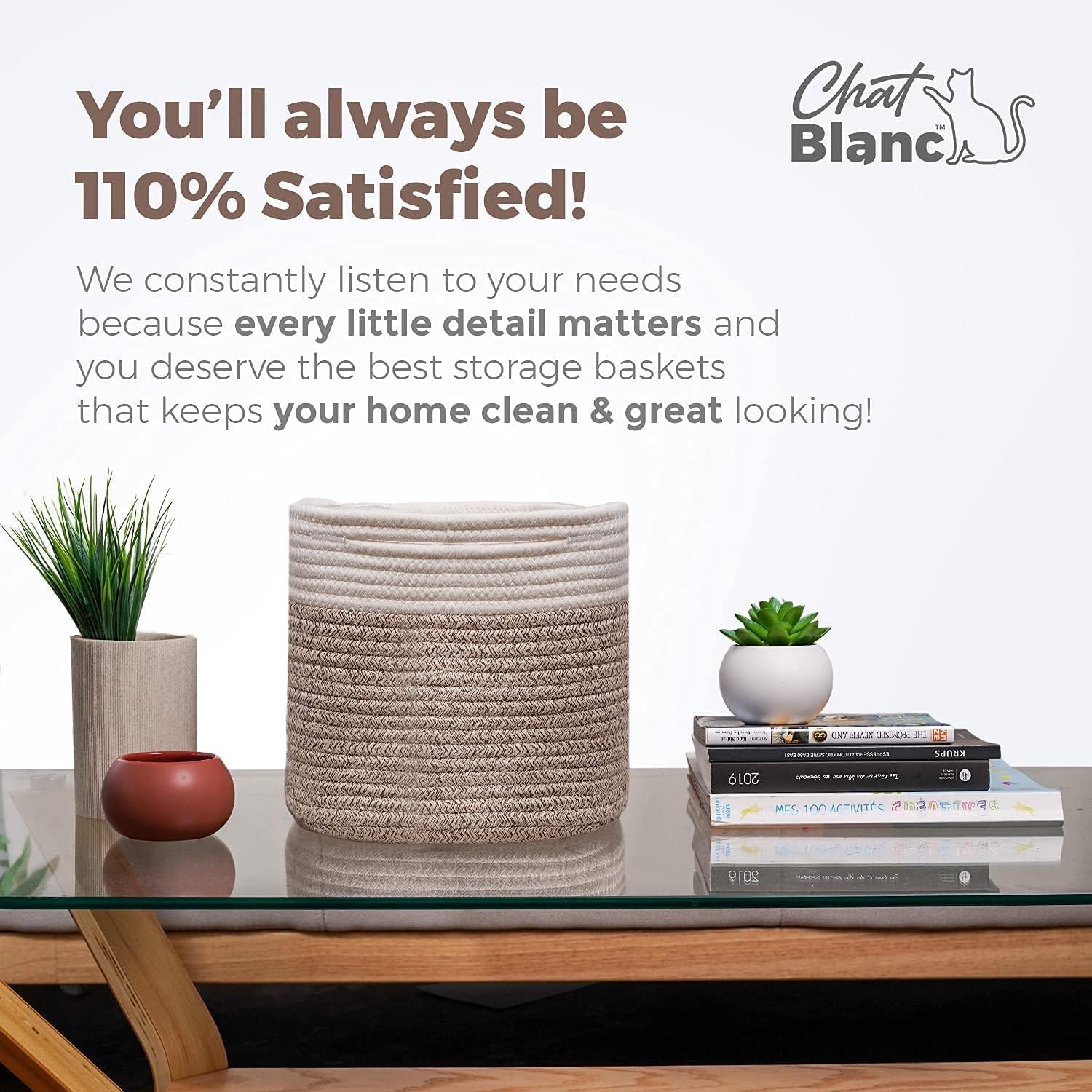 CHAT BLANC Cotton Rope Baskets for Organizing | 15”x10”x9” Storage Baskets for Shelves | Small