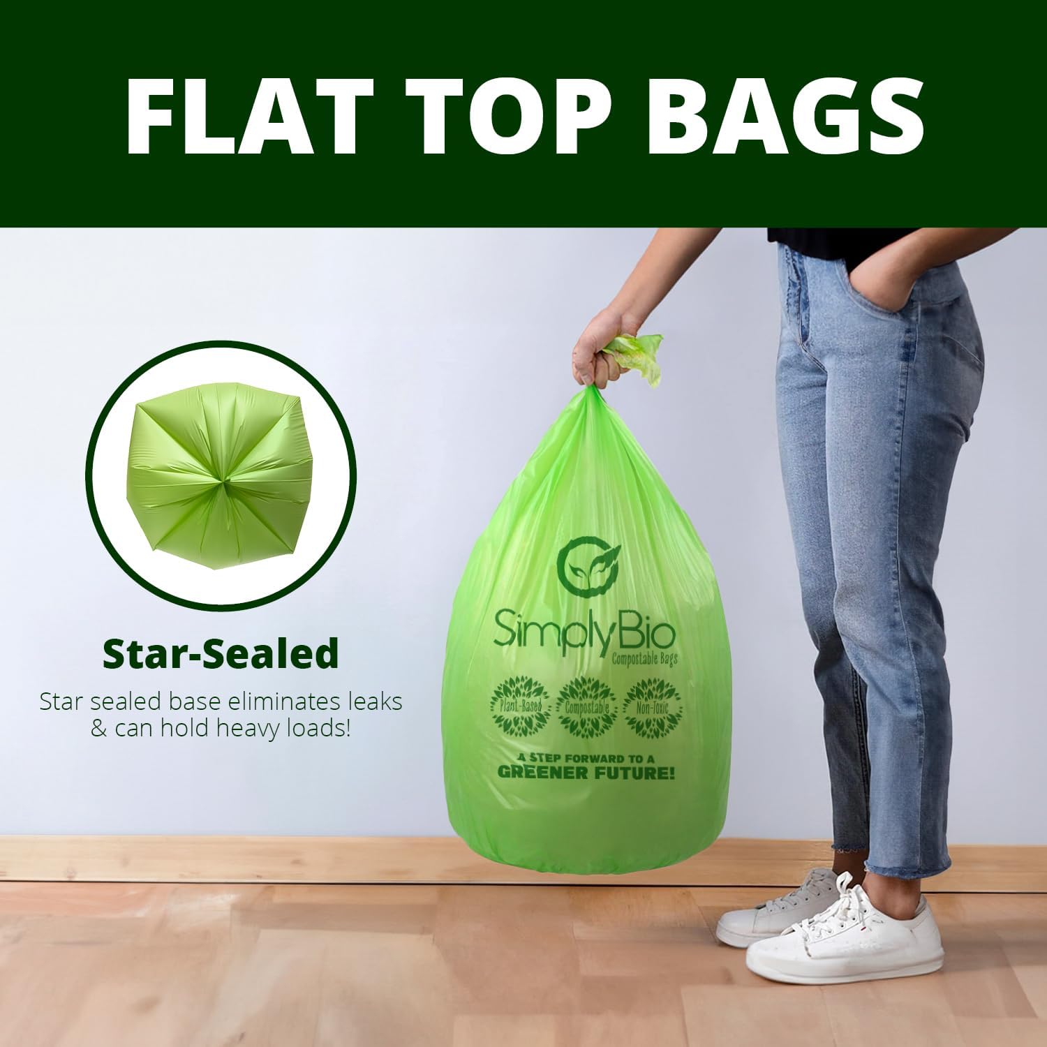 Simply Bio 13 Gallon Compostable Trash Bags Liners with Flat-Top, Thick 0.87 Mil, 49.21 Liter, 50