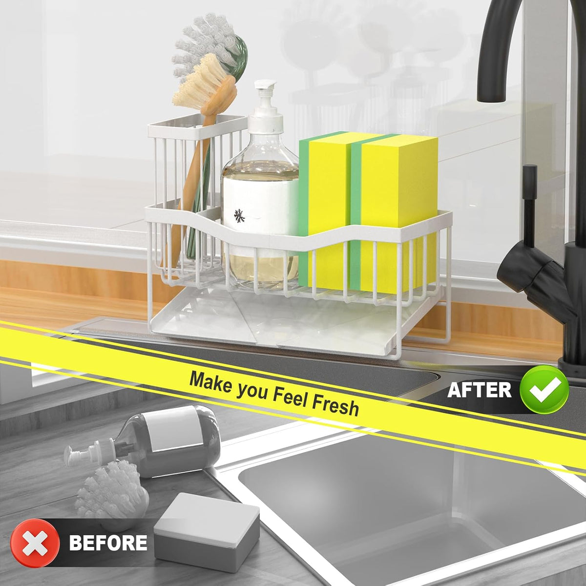 Maifan Sink Caddy Sponge Holder for Kitchen with Brush Holder and Stainless Steel Self Drain Tray