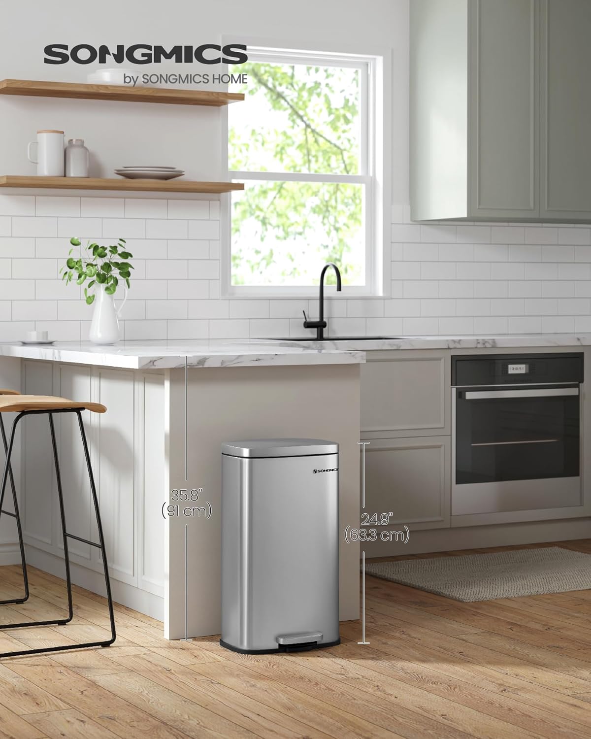 SONGMICS Trash Can with Lid, 8 Gallon Garbage Can, Stainless Steel Small Waste Bin with Step Pedal